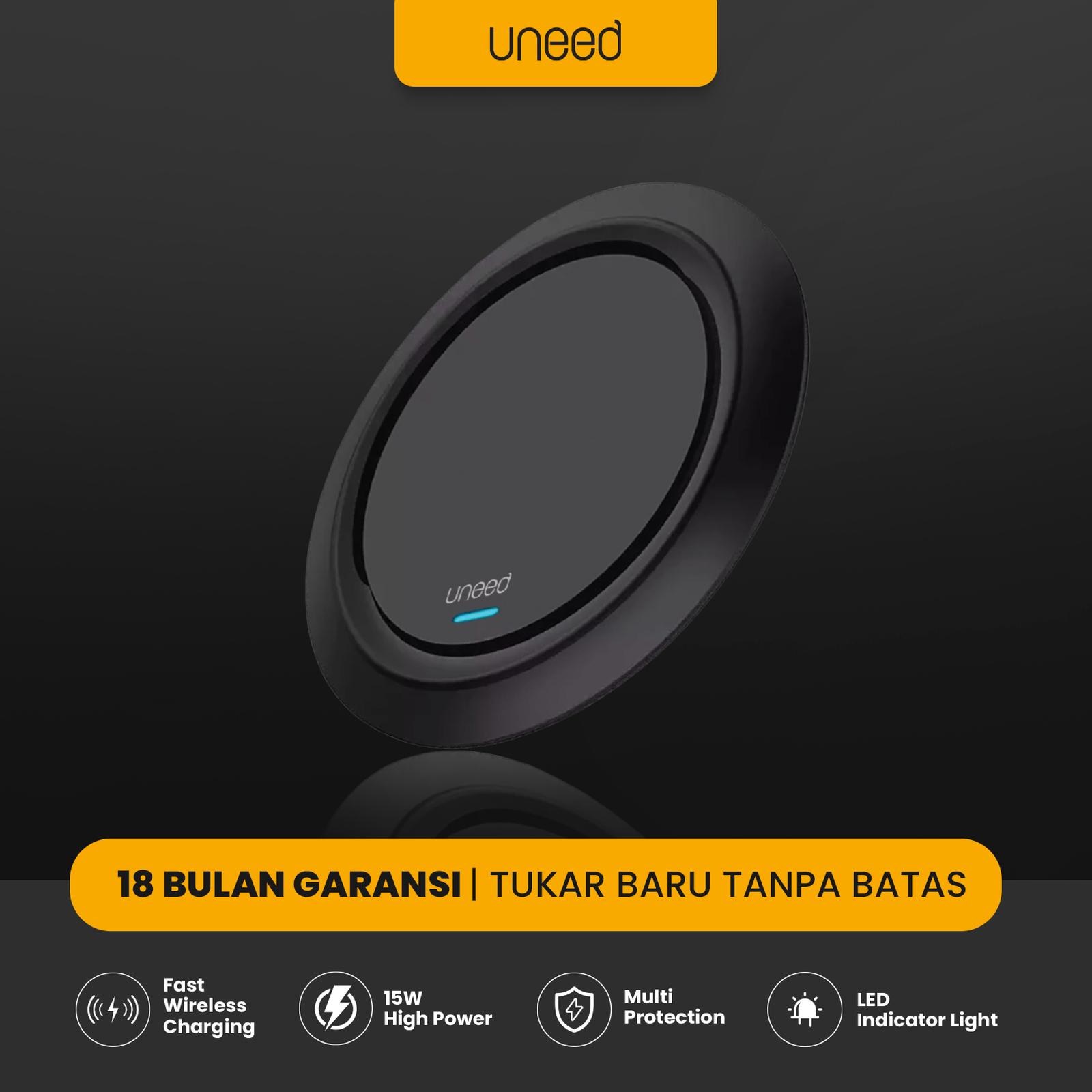 UNEED Qi Wireless Charger 15W Fast Charging Pad with Type C - UWA252 Kabel - Black