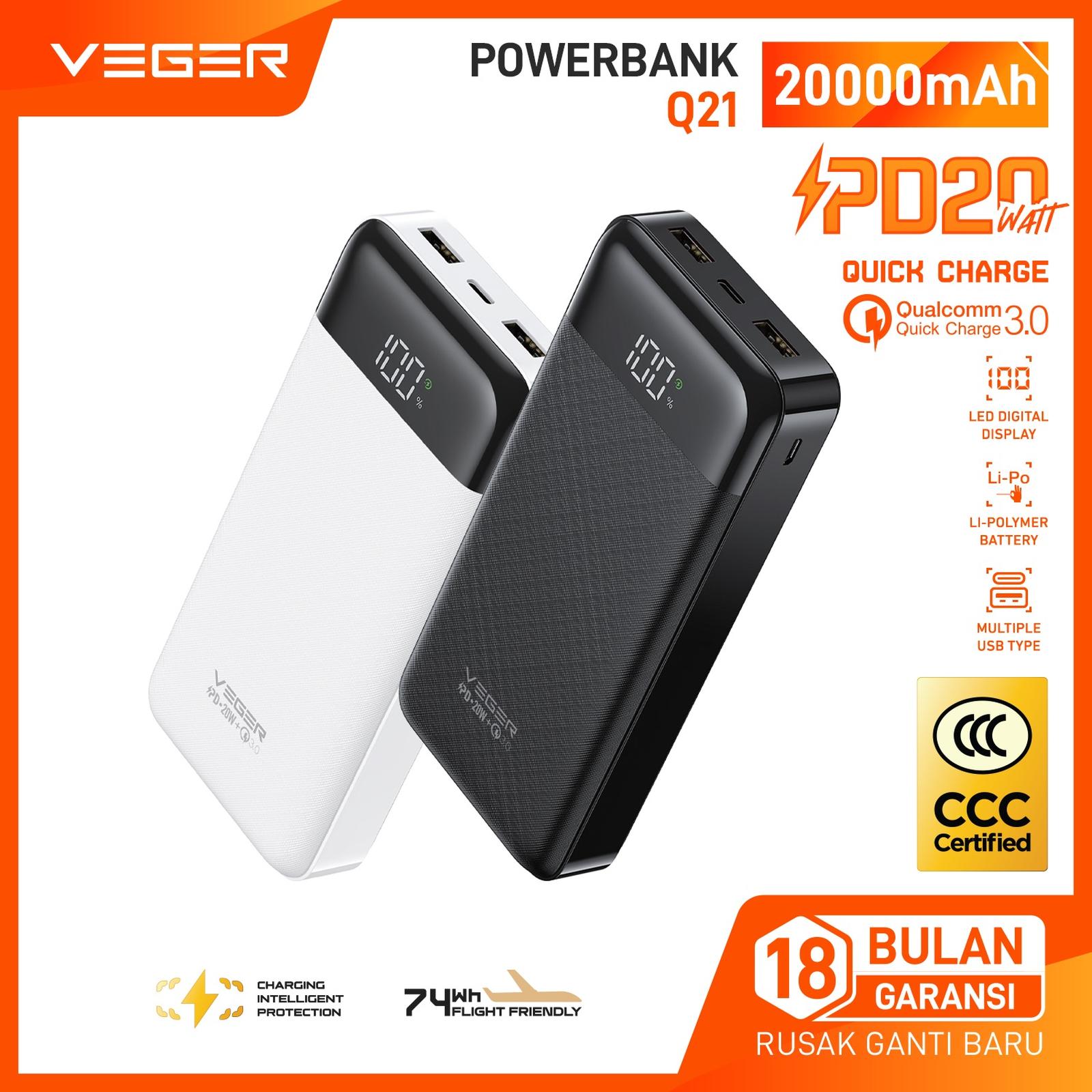 VEGER Powerbank Q21 CCC 20000mAh PD 20W QC 22.5W LED Digital Display Fast Charging Quick Charge - Hitam