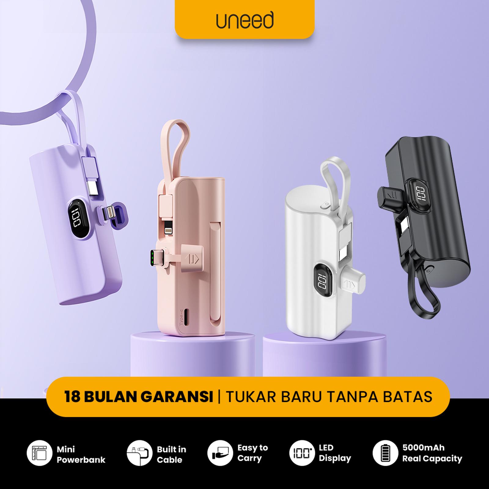 UNEED MiniBox A5 5000mAh Powerbank Mini Lightning Type C Cable -UPB408 - Hitam, Lightning